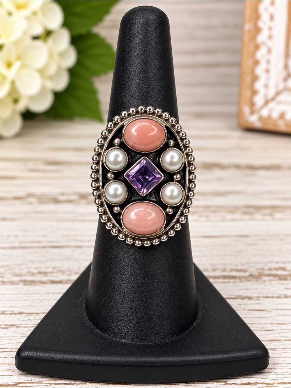 Nicky Butler Sterling Silver Pink Moonstone Pearl Amethyst Ring
